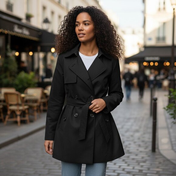 Faded Glory Black Trench Coat L – Belted Button Front Classic Jacket - Picture 3 of 7